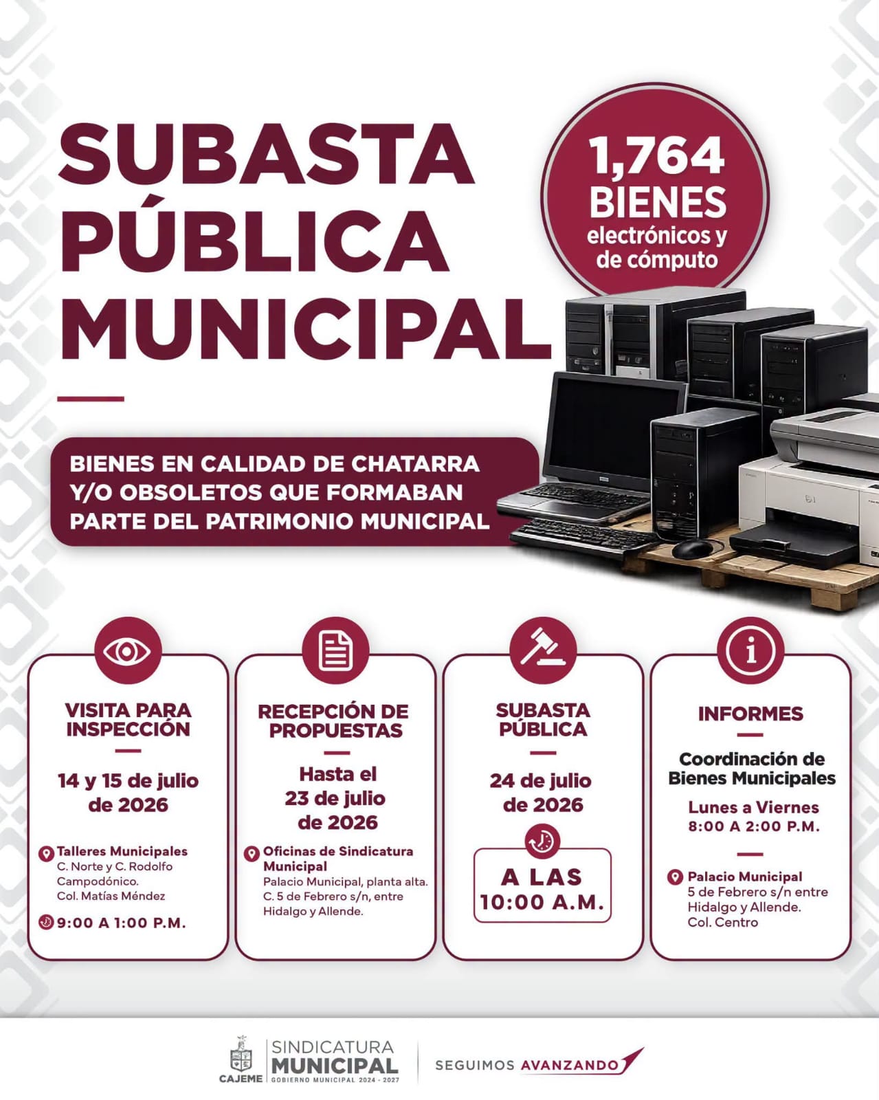 CONVOCA SINDICATURA MUNICIPAL A PARTICIPAR EN SUBASTA PÚBLICA DE EQUIPO ELECTRÓNICO Y DE OFICINA